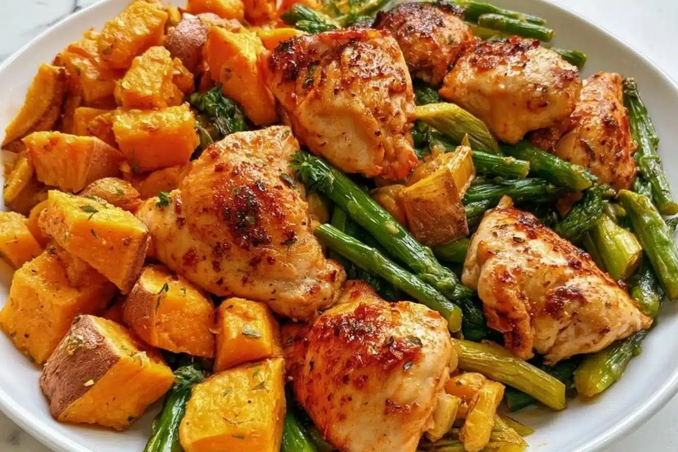 Healthy chicken and sweet potato dish on a plate