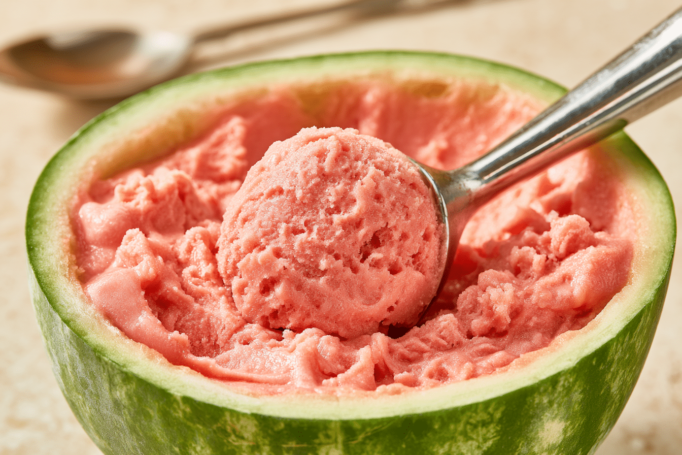Homemade watermelon ice cream being scooped directly from a hollowed-out watermelon half, showing its creamy texture and vibrant pink color, with a spoon in the background