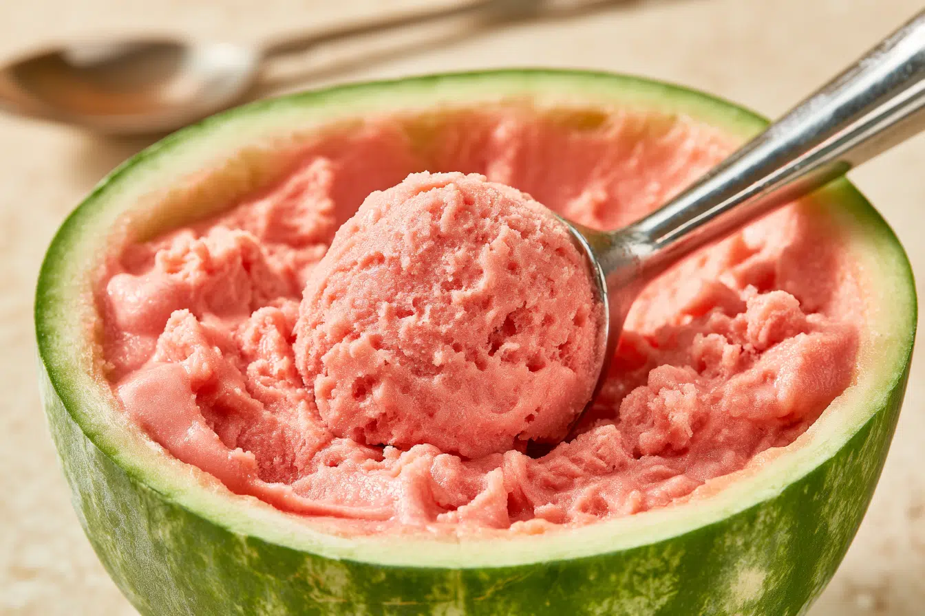 Homemade watermelon ice cream being scooped directly from a hollowed-out watermelon half, showing its creamy texture and vibrant pink color, with a spoon in the background