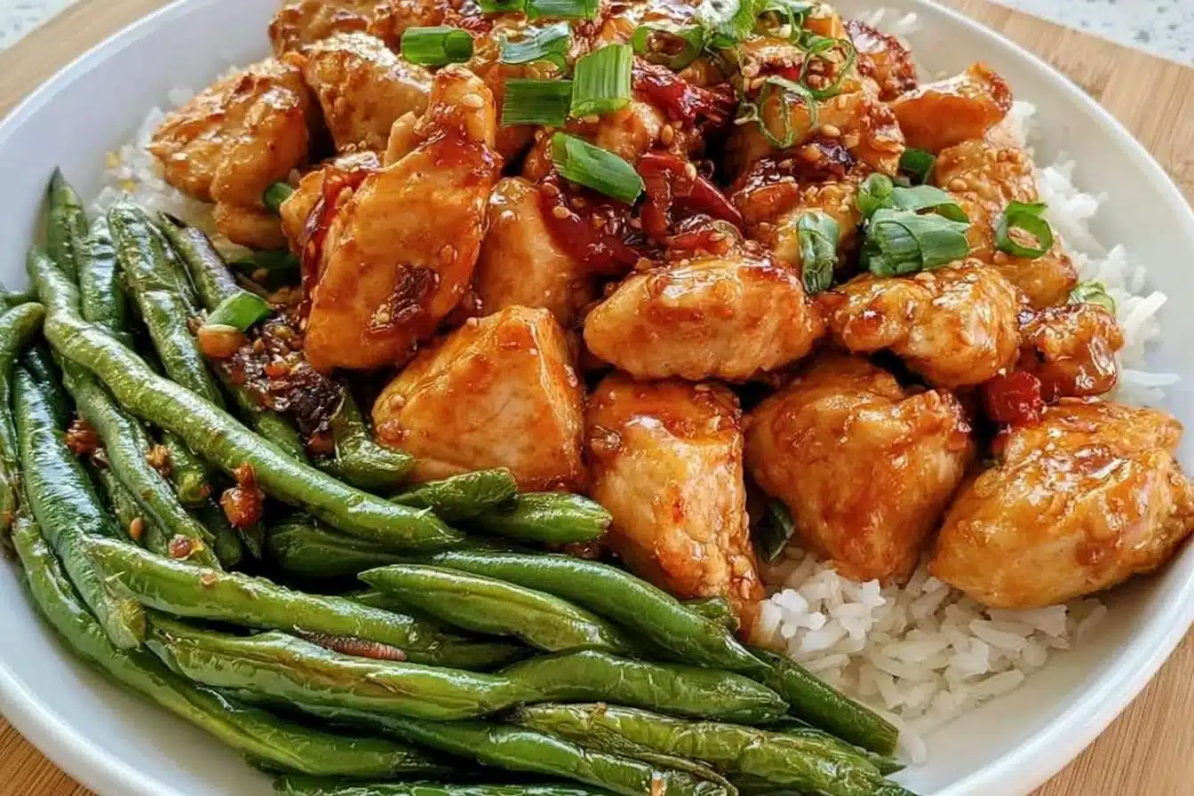 Honey Garlic Chicken served with green beans on a plate for a quick dinner meal.