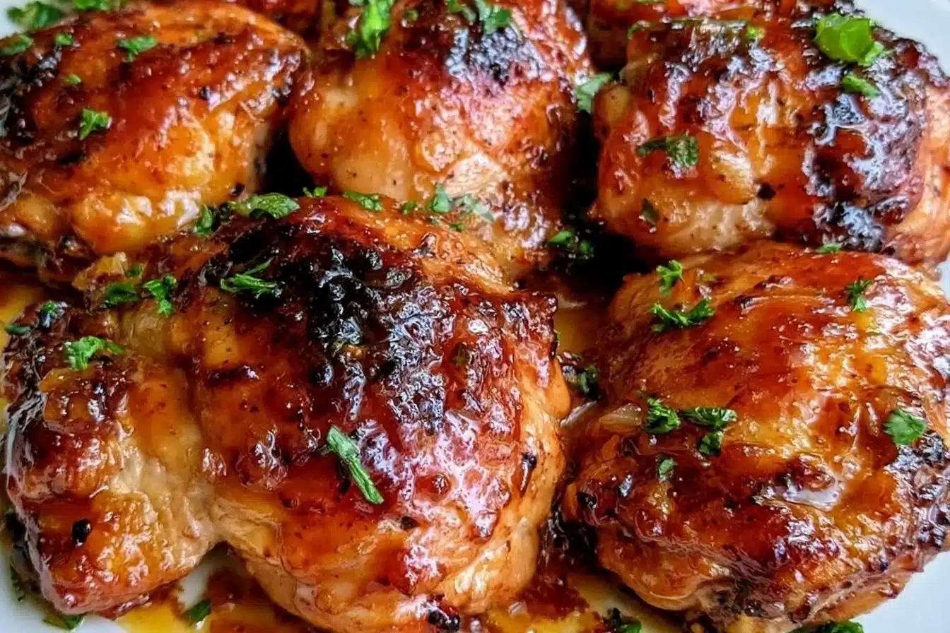 Delicious Honey Garlic Chicken Thighs plated with fresh vegetables