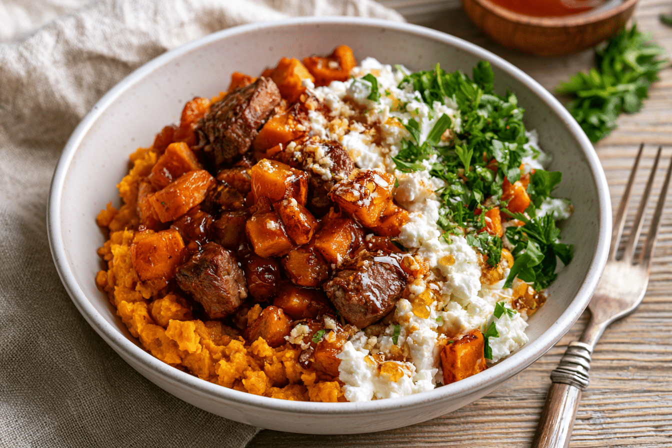 Hot Honey Cottage Cheese Sweet Potato Beef Bowl Recipe