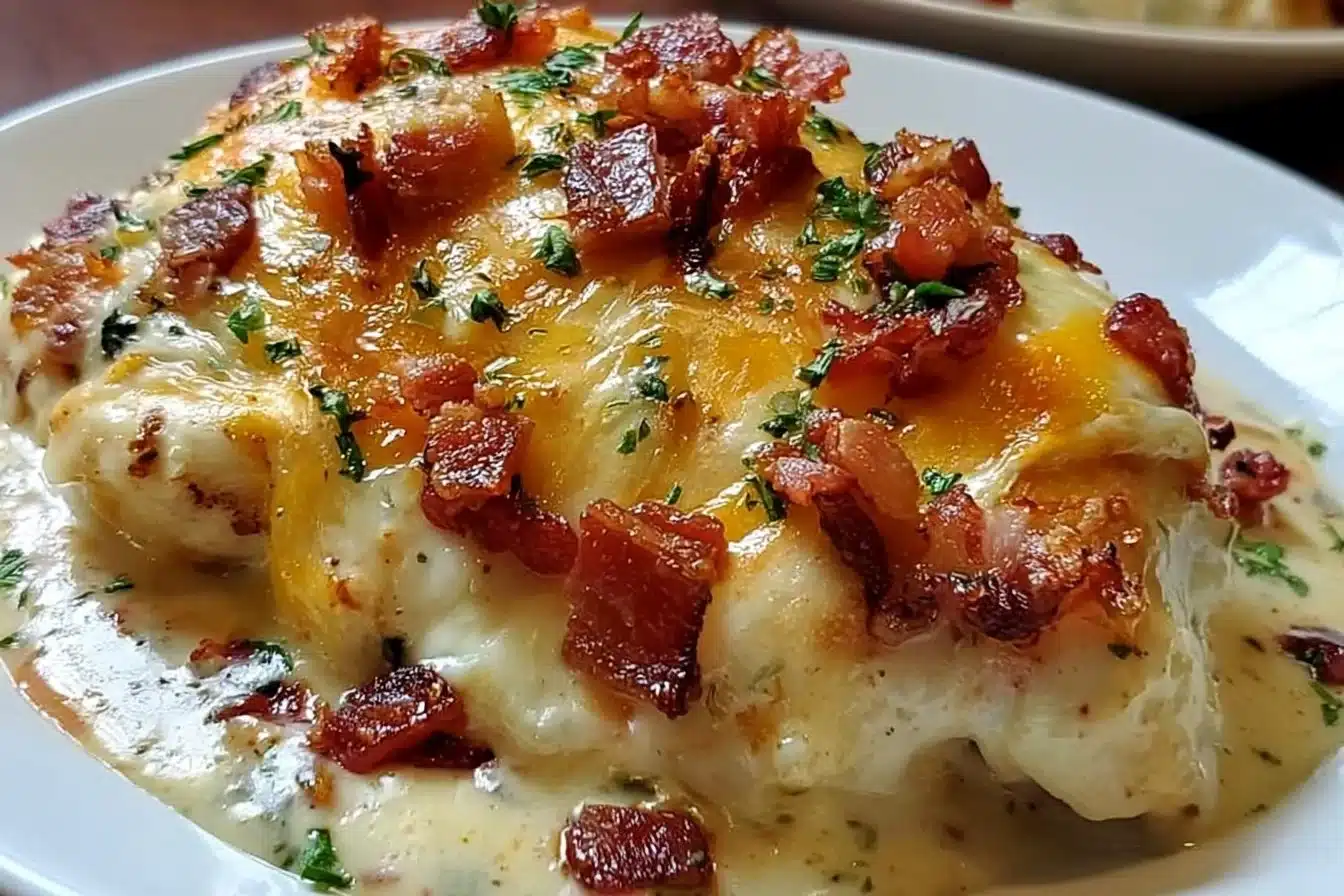 Easy 30-minute Keto Bacon Ranch Chicken Bake served on a plate