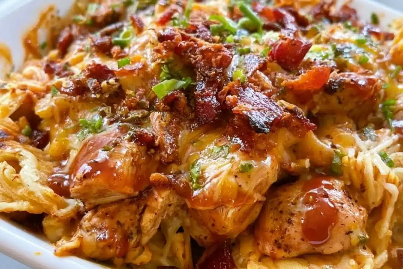 Keto BBQ Chicken Casserole in a dish, topped with cheese and herbs