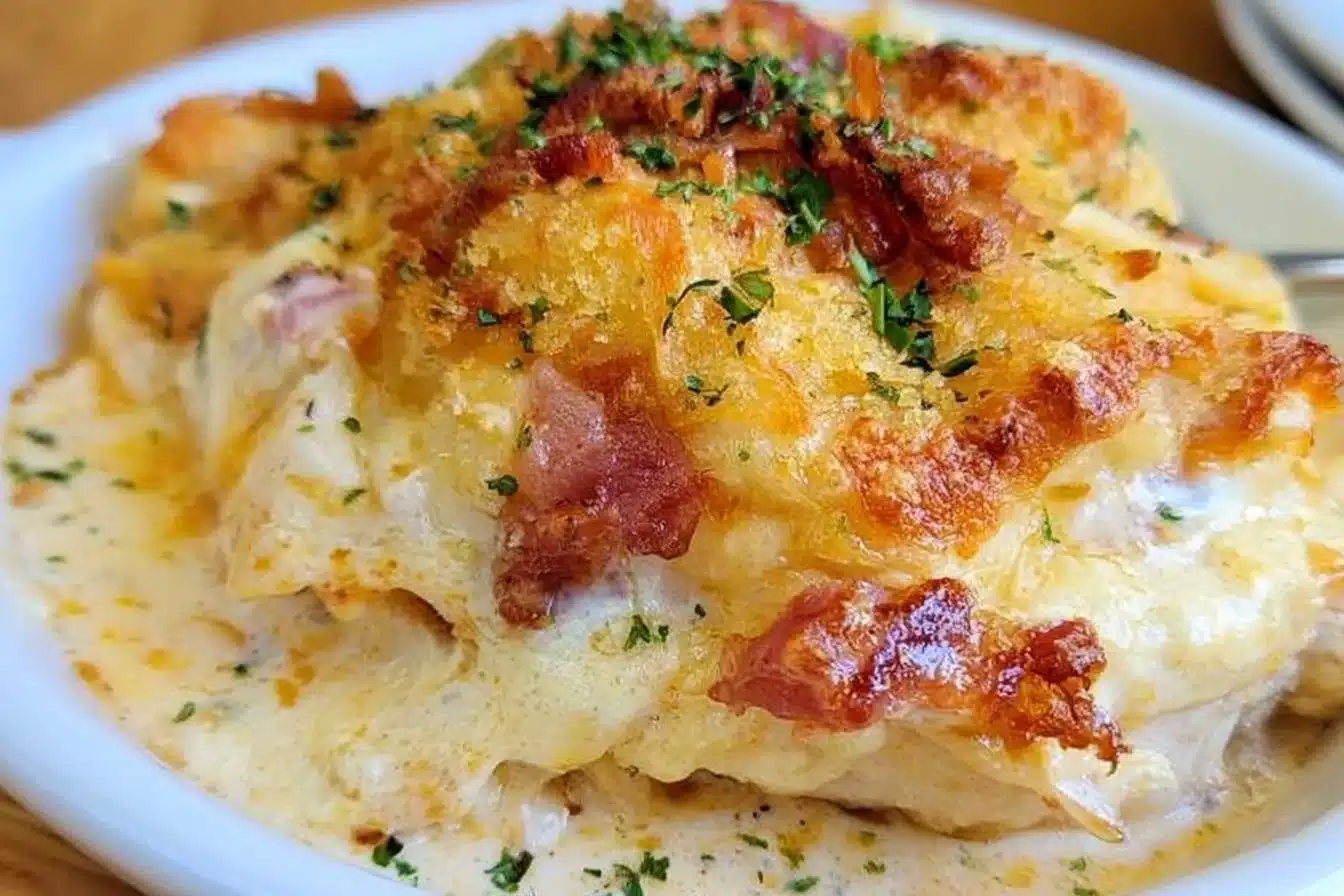 Keto Chicken Cordon Bleu Casserole topped with cheese and ham