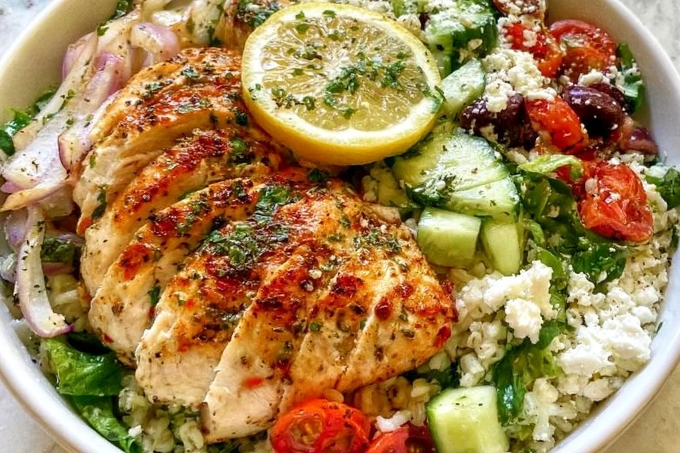 Lemon Herb Greek Chicken Bowl served with fresh vegetables and rice