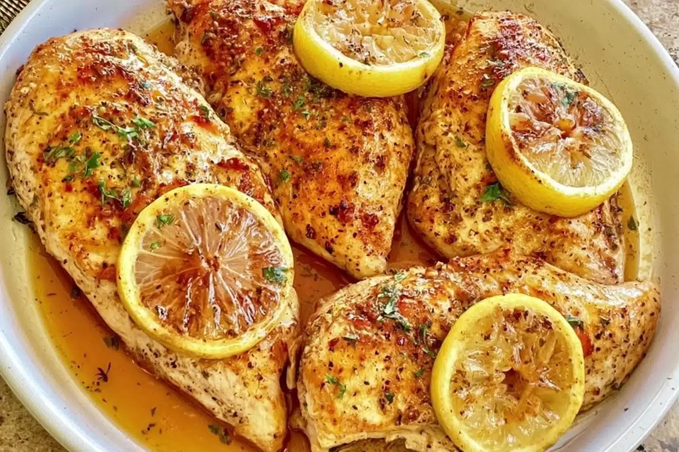 Juicy Lemon Pepper Chicken garnished with fresh herbs