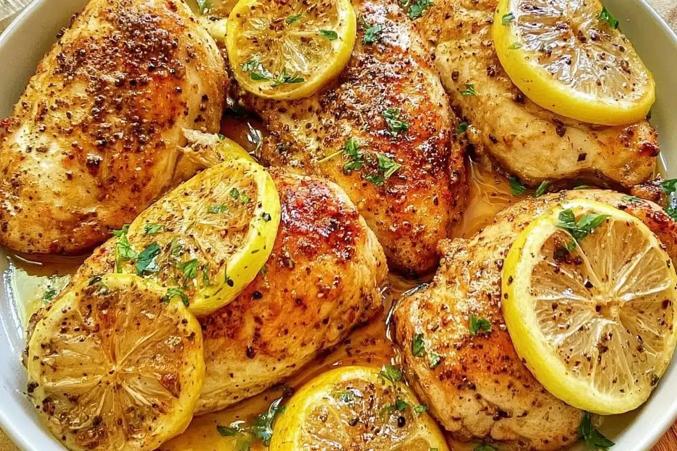 Delicious lemon pepper chicken garnished with herbs on a plate