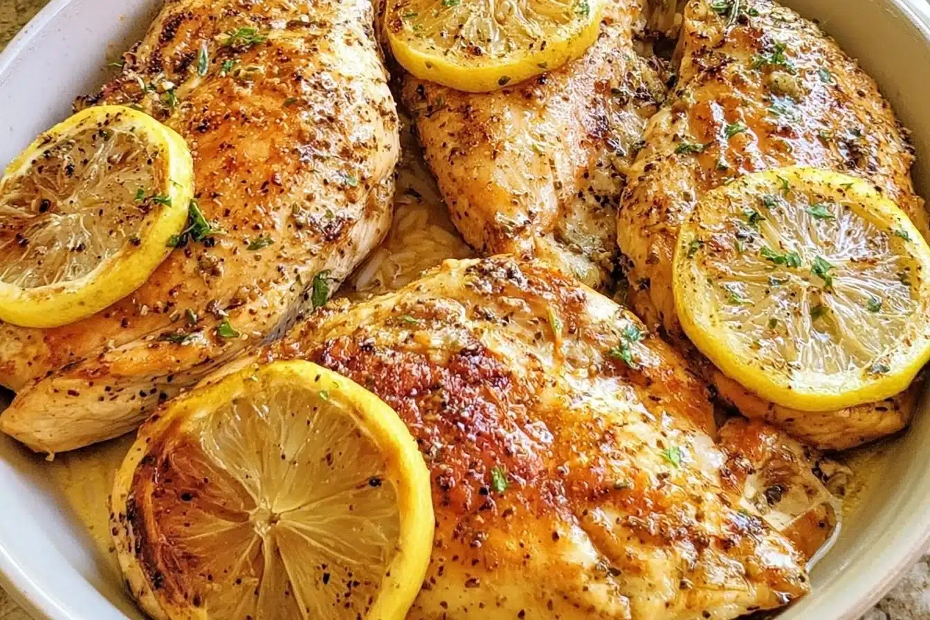 Delicious Lemon Pepper Chicken served with fresh herbs and lemon wedges