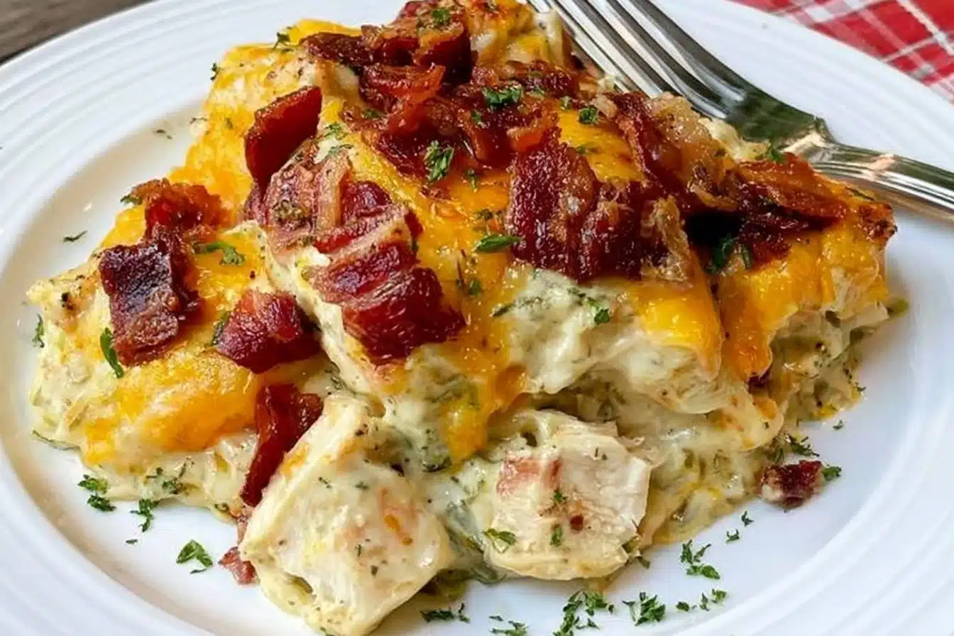 Low-carb chicken bacon ranch casserole dish garnished with herbs