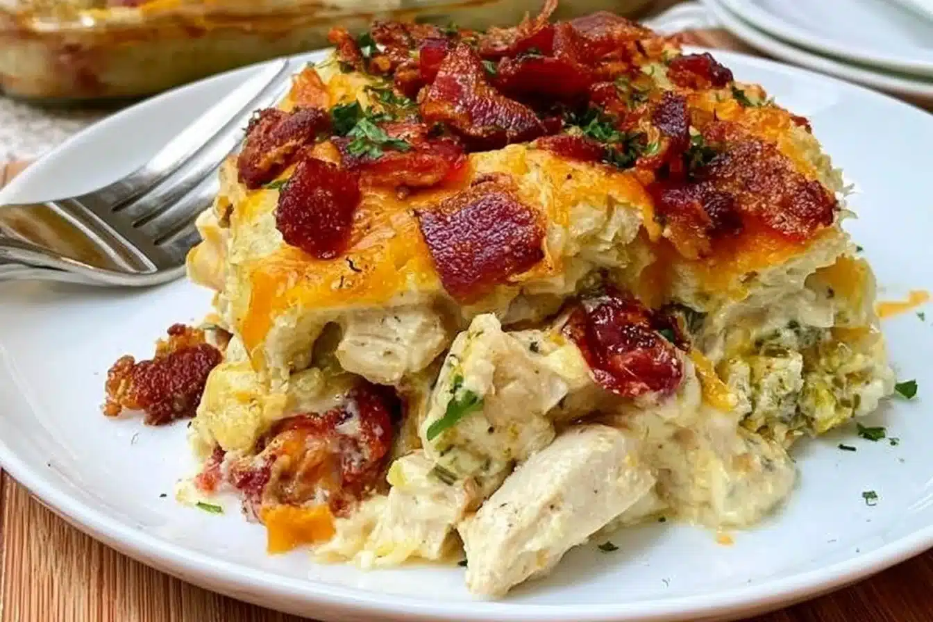 Low-carb chicken bacon ranch casserole topped with crispy bacon and cheese