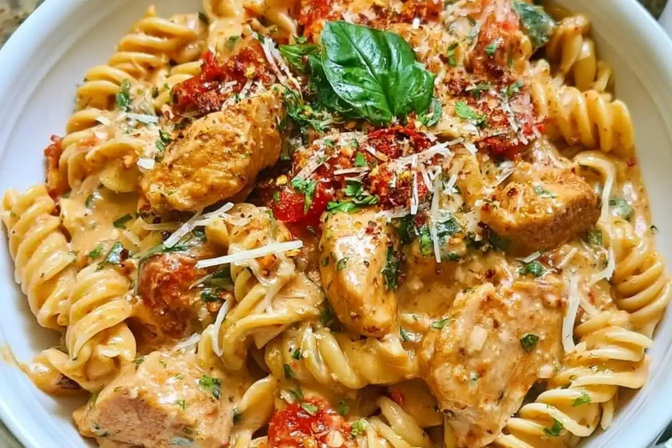 Delicious Marry Me Chicken Pasta served on a white plate with garnishes.