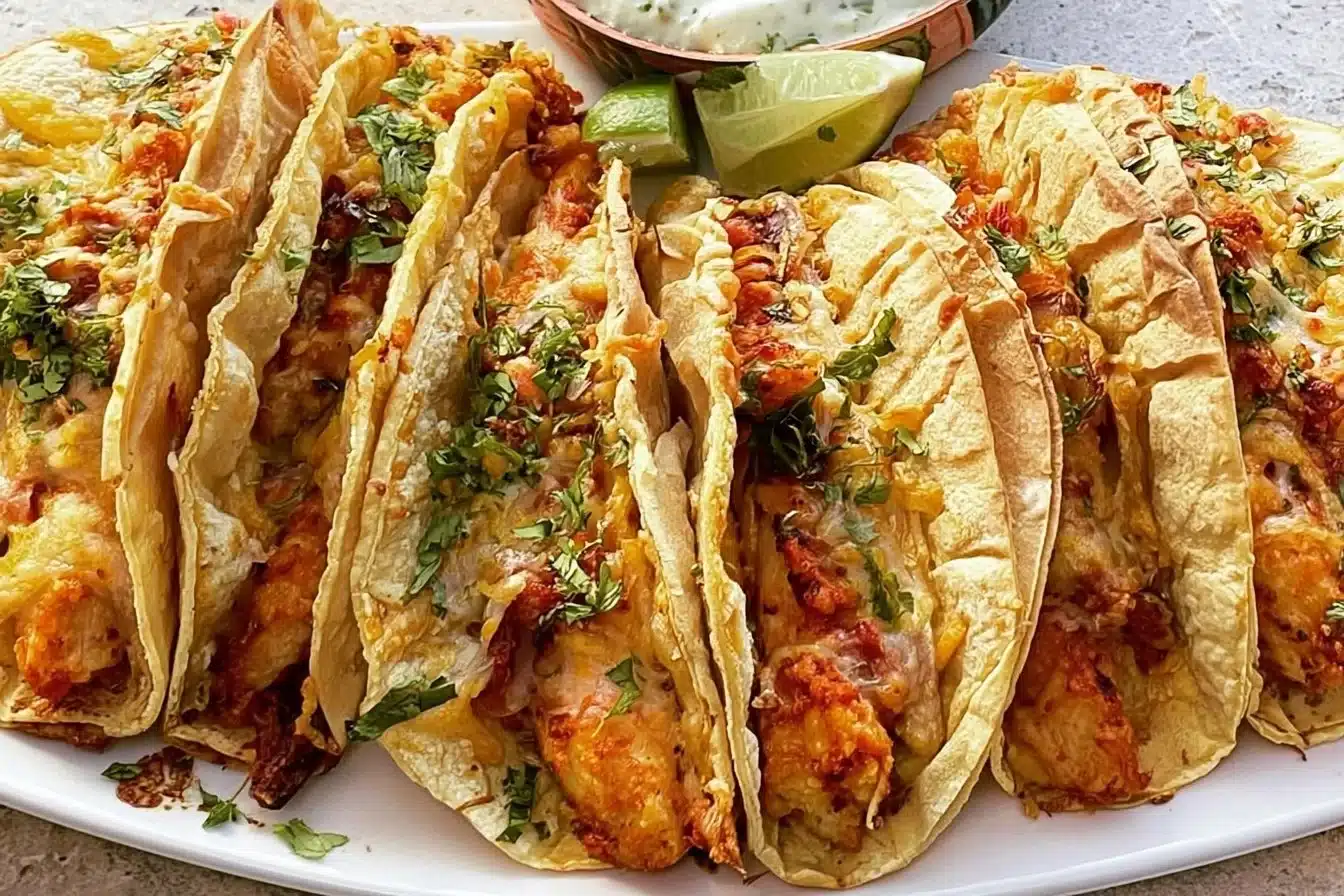 Mini baked chicken tacos topped with fresh ingredients and served on a plate.