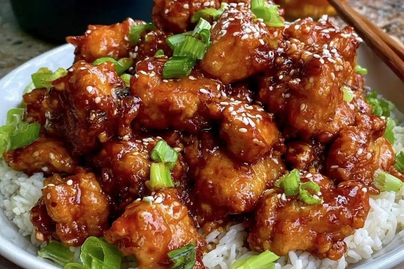 Air fryer sesame chicken with sesame seeds garnish