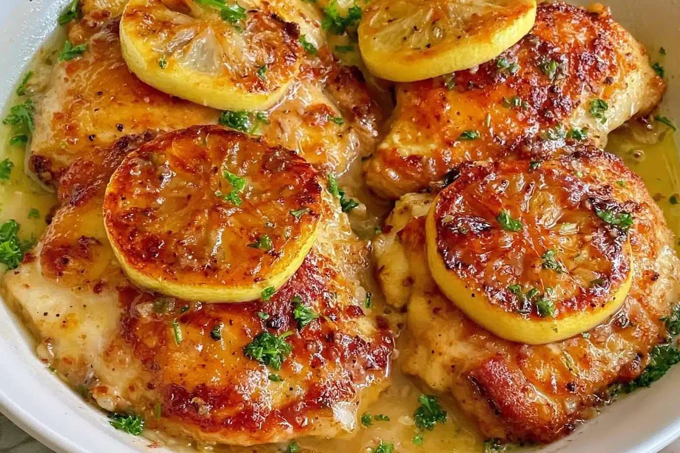 Plate of quick and easy lemon chicken served with vegetables.