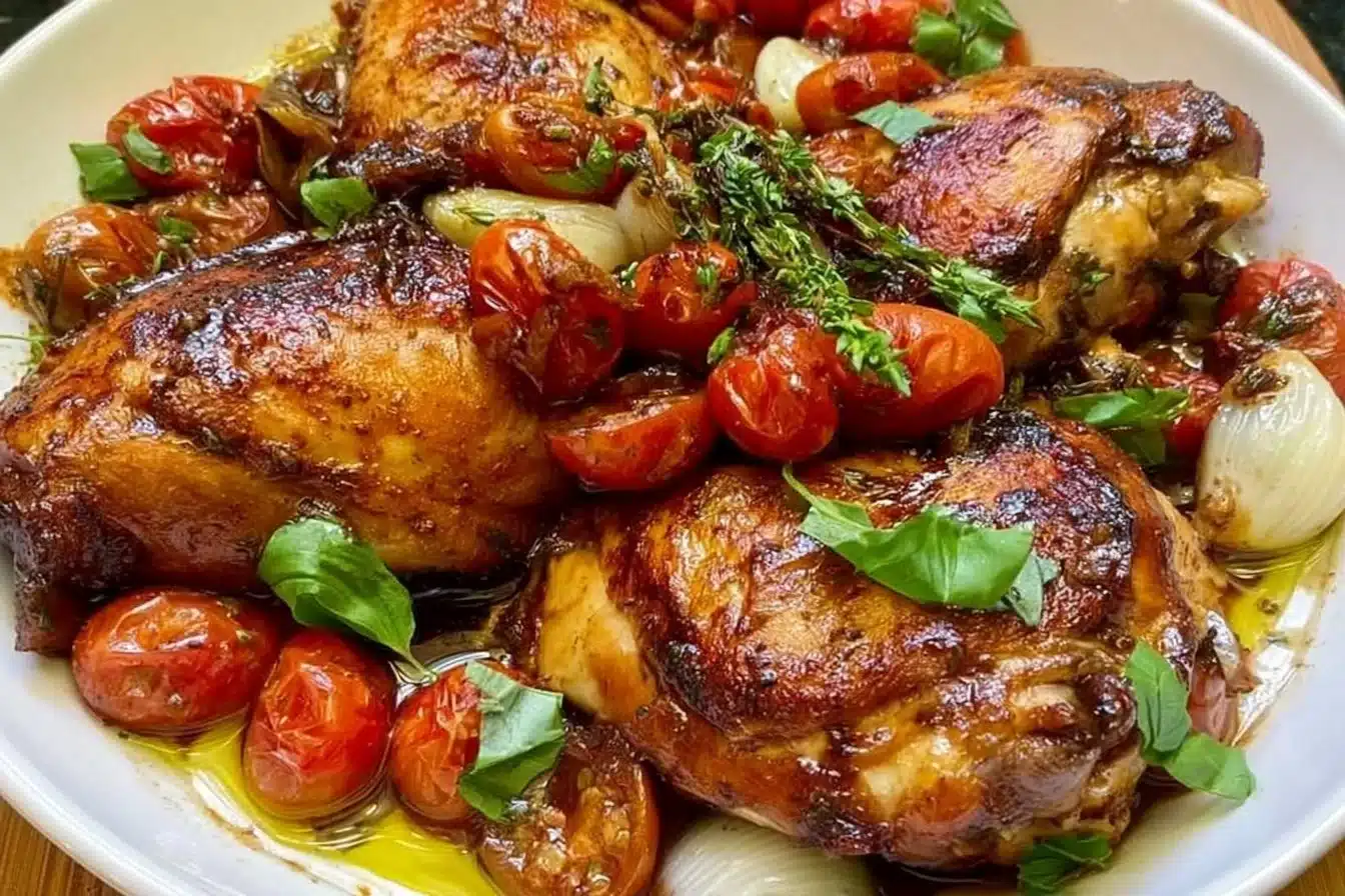 One-Pan Balsamic Chicken with vegetables on a serving plate
