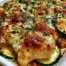 One Pan Chicken Zucchini Bake with fresh herbs and veggies in a baking dish