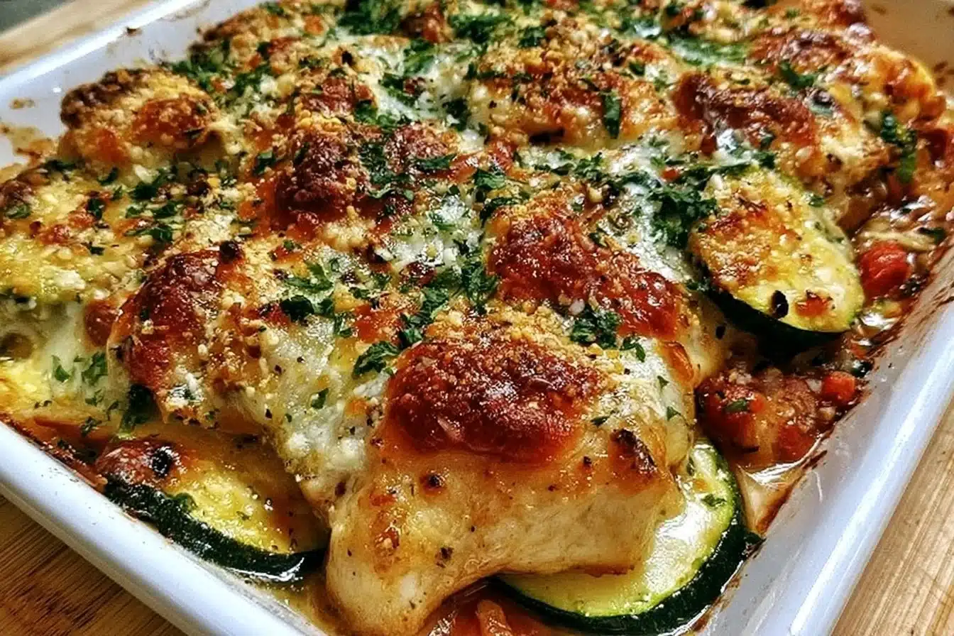 One Pan Chicken Zucchini Bake with fresh herbs and veggies in a baking dish