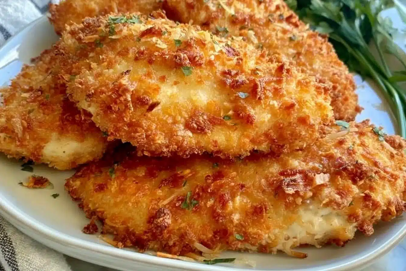Crispy air fryer parmesan chicken with golden crust and fresh herbs