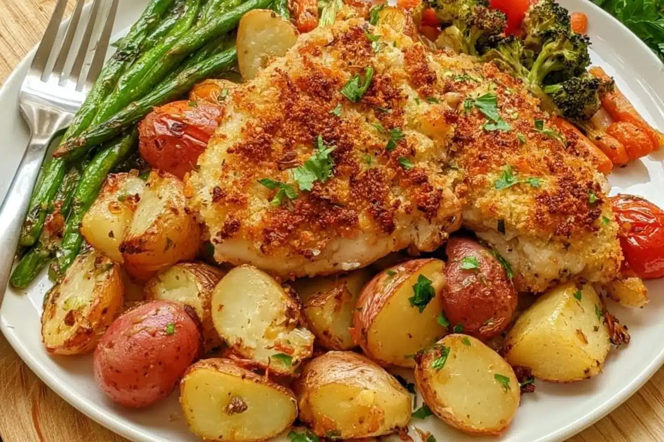 Parmesan Crusted Chicken Sheet Pan Dinner served with vegetables
