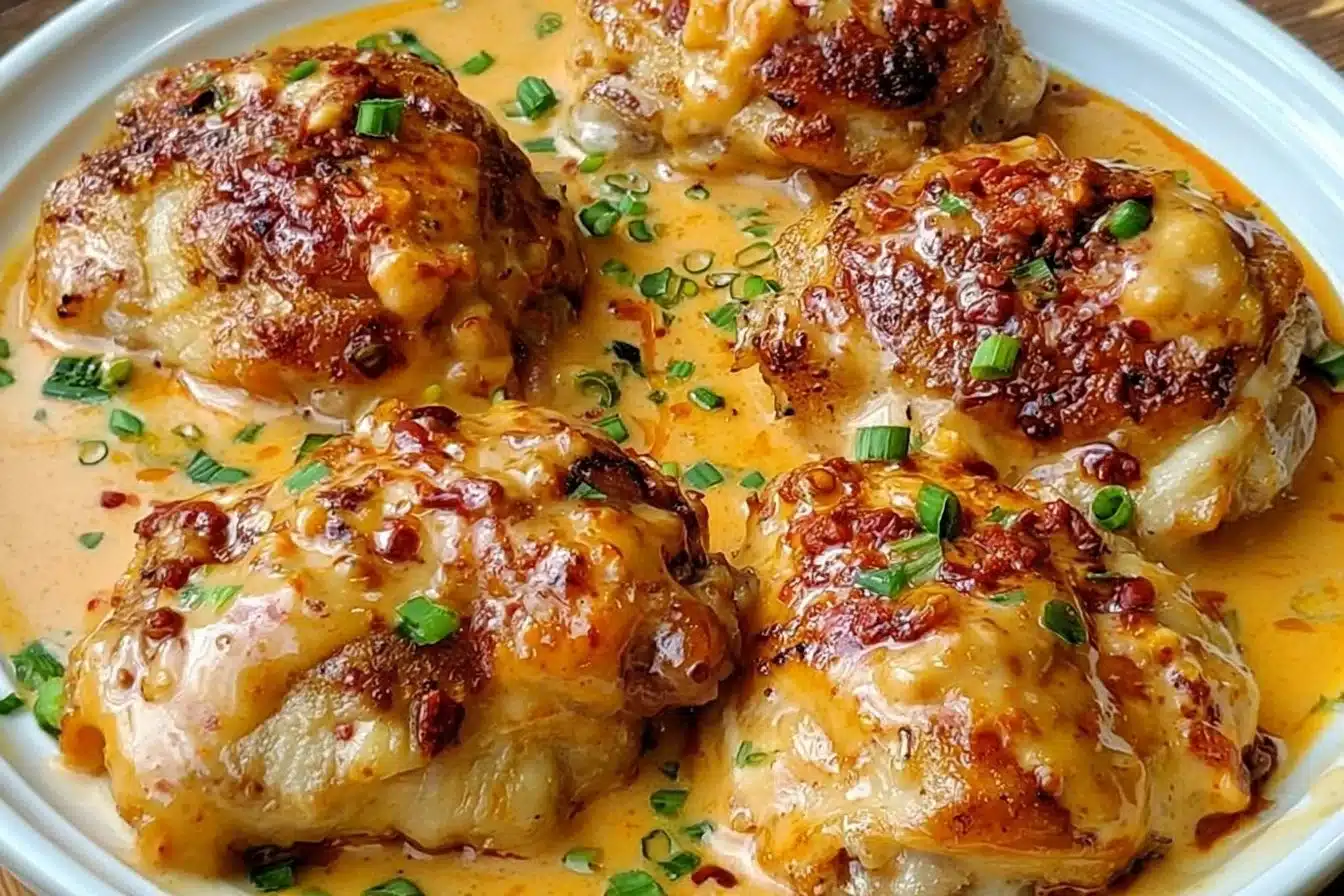 Skillet Bang Bang Chicken Thighs served with vegetables and sauce