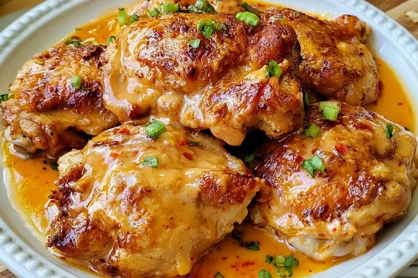Skillet Bang Bang Chicken Thighs served with rice and vegetables