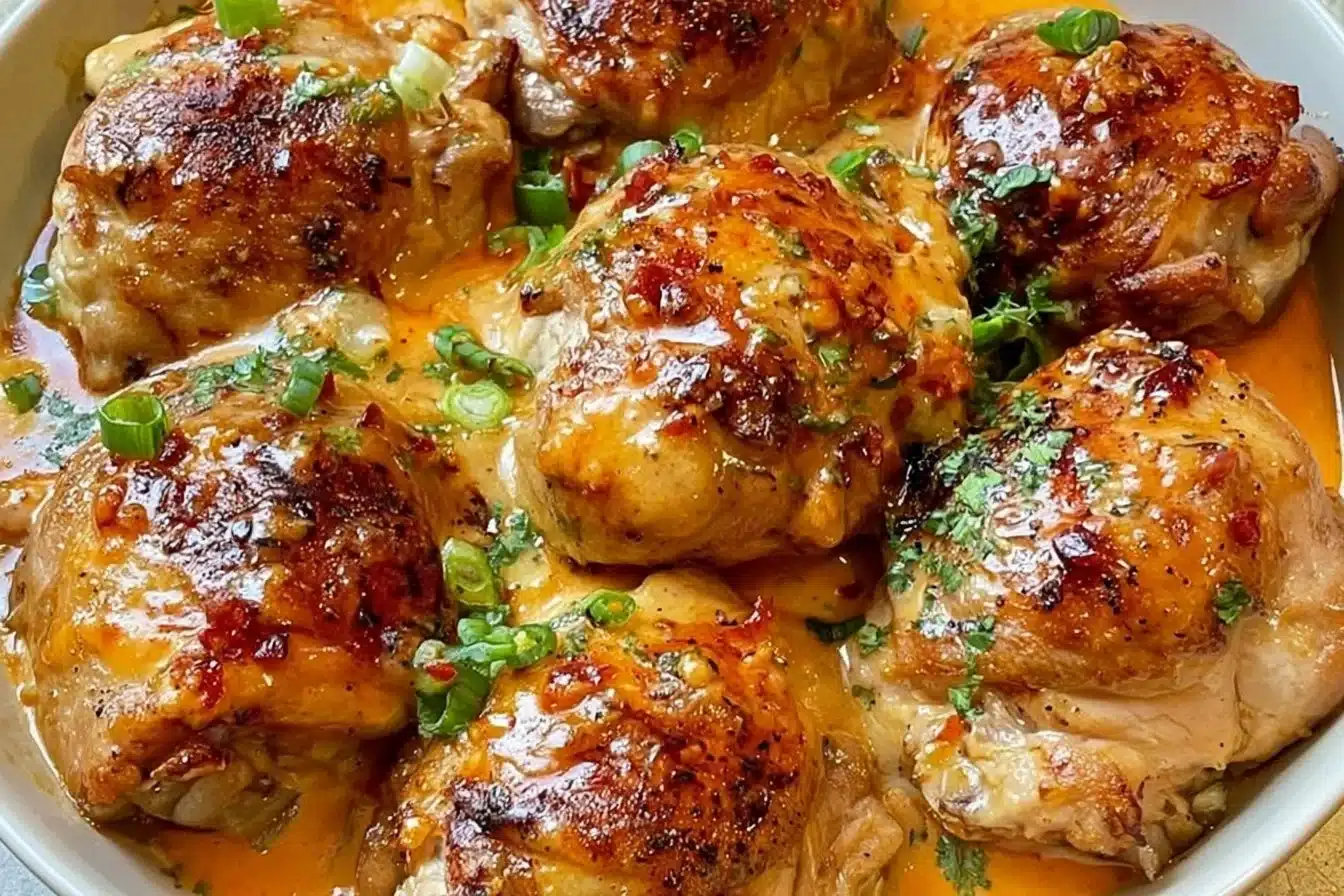 Skillet Bang Bang Chicken Thighs served with vegetables on a plate