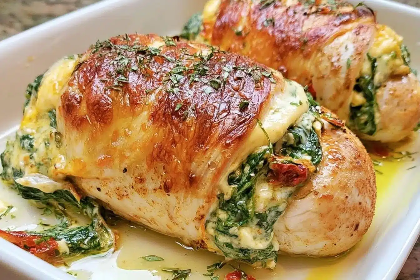 Juicy Spinach Stuffed Chicken Breasts filled with cheese and herbs