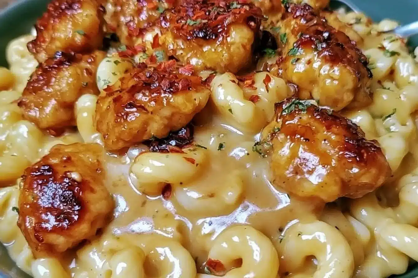 Plate of sweet and spicy honey pepper chicken served with creamy macaroni cheese.