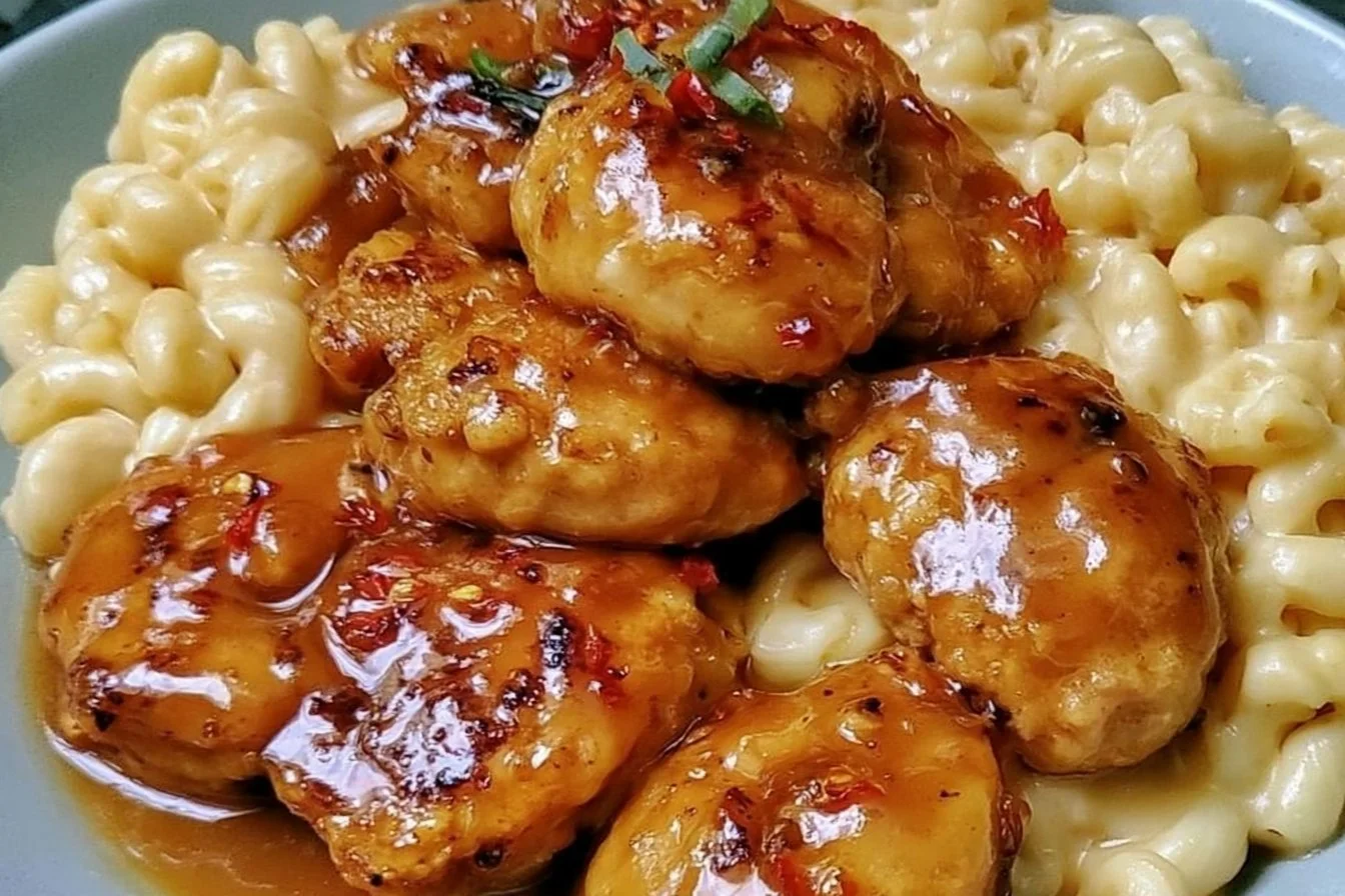 Sweet and Spicy Honey Pepper Chicken with Creamy Macaroni Cheese dish