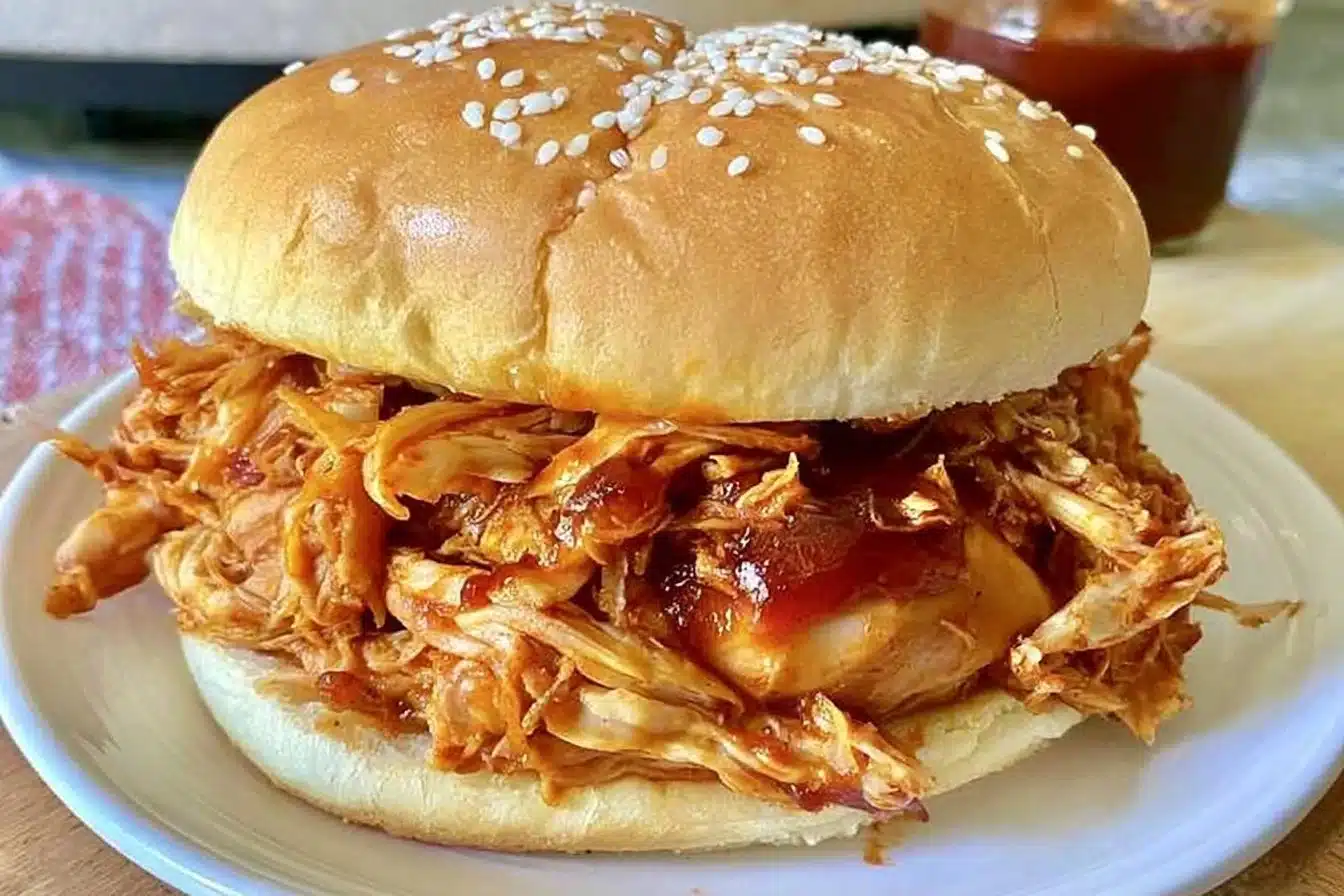 Delicious pulled Crockpot BBQ Chicken served with coleslaw and bread.