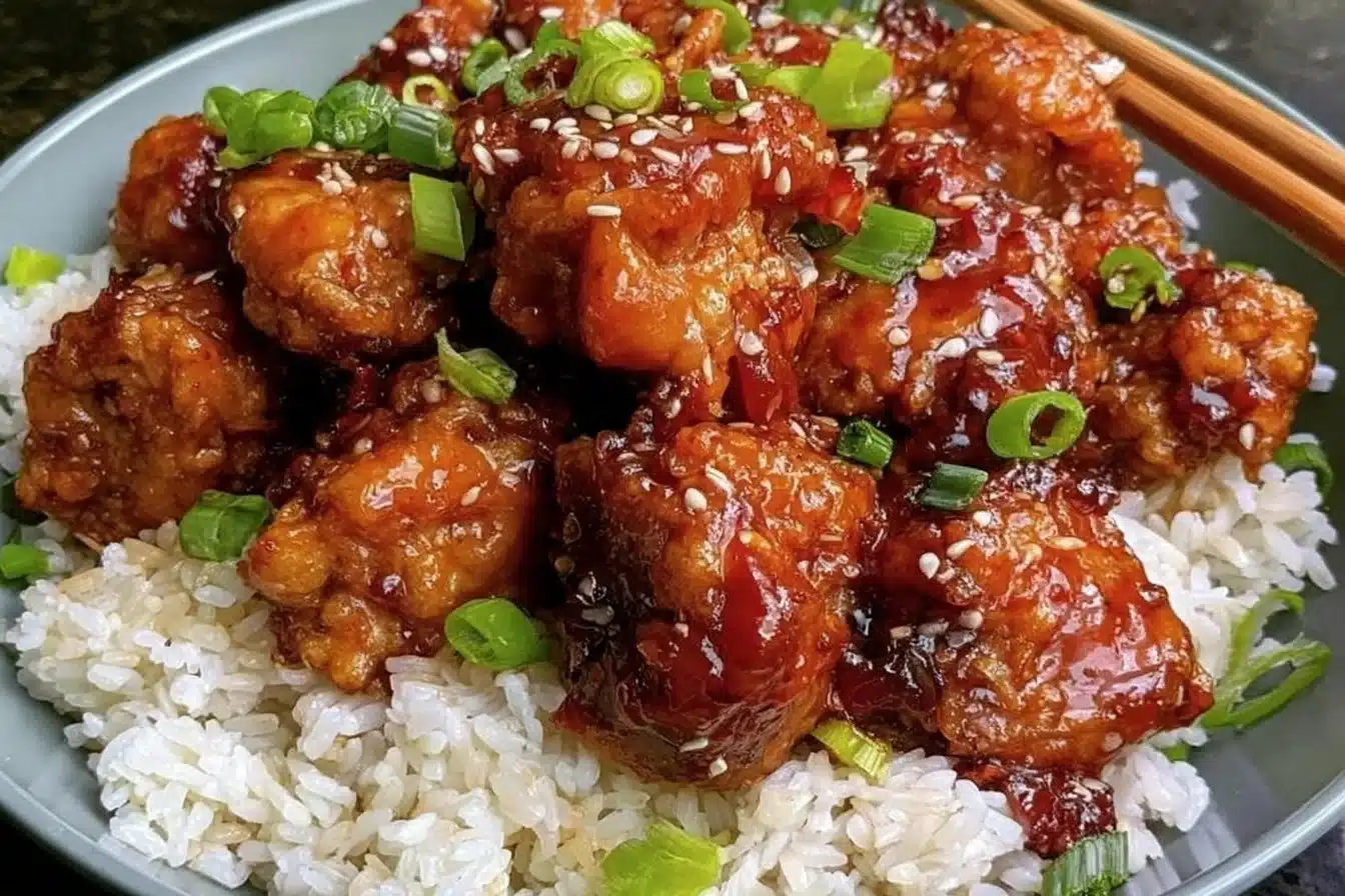 20 Minute Asian Air Fryer Sesame Chicken ready to serve with sesame seeds