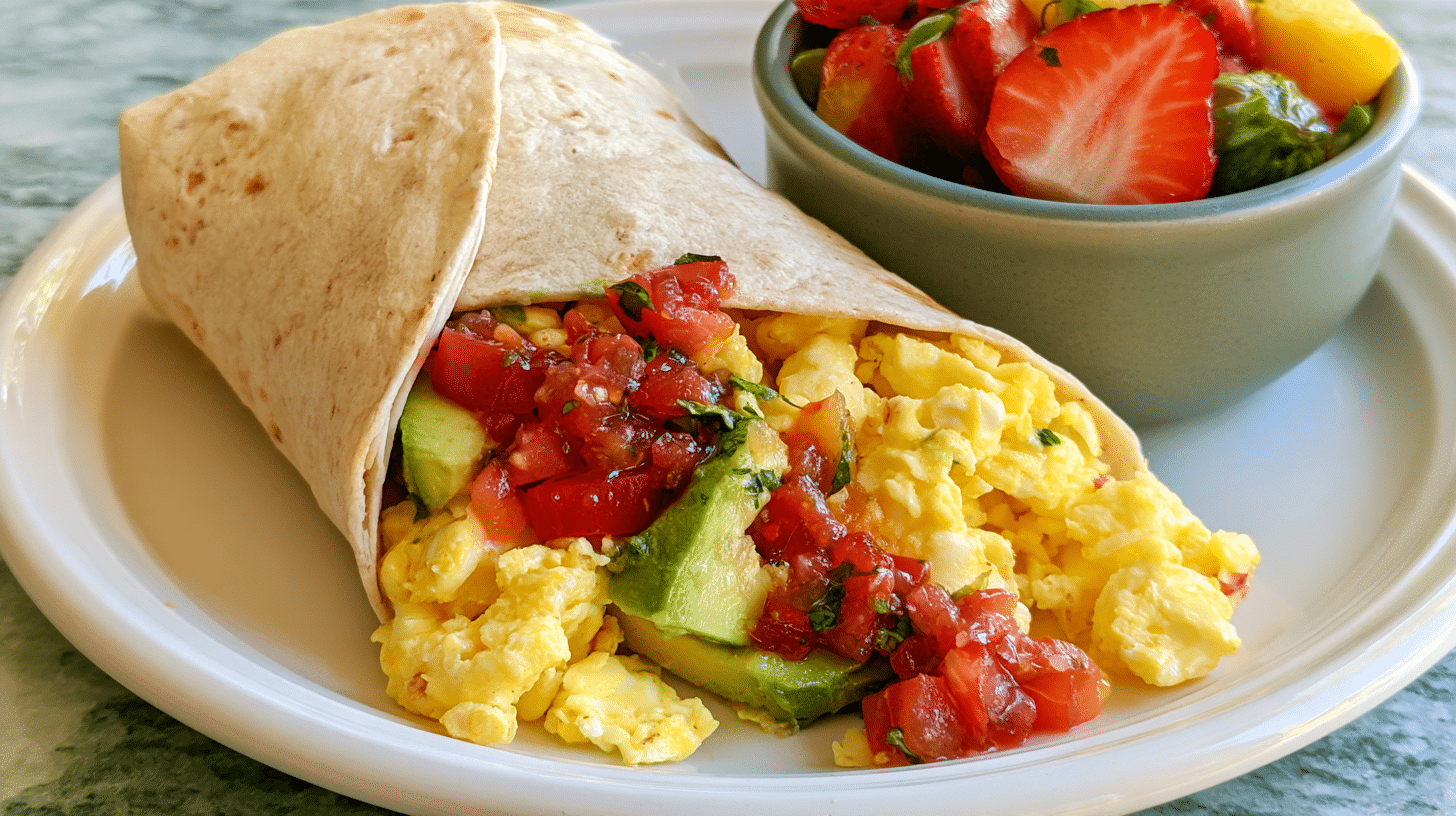A beautifully plated cottage cheese egg wrap served as a breakfast burrito, filled with scrambled avian products, avocado, and salsa, next to a small bowl of fresh fruit. The presentation is vibrant and appealing.