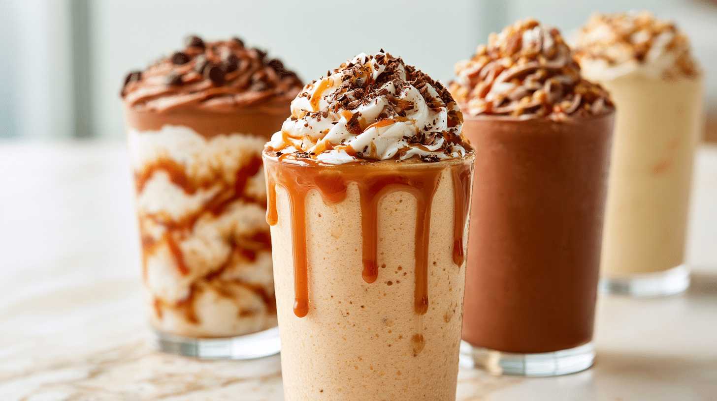 A customized frozen drink in a glass, with various toppings like whipped cream, chocolate shavings, and a drizzle of caramel, showcasing different flavor possibilities.