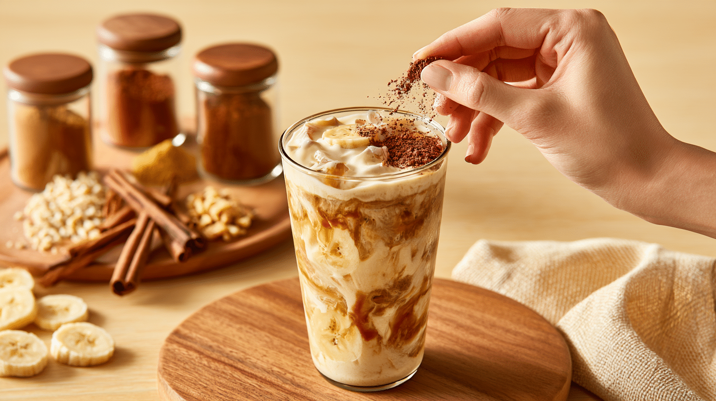 A hand adding a sprinkle of cocoa powder to a customized banana-infused iced latte, with various spices and toppings visible in the background, suggesting customization options.