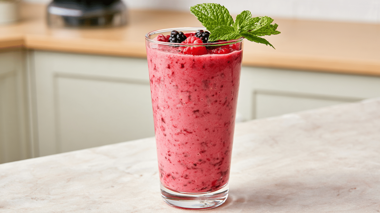 A perfectly blended berry oat smoothie in a tall glass, garnished with a few whole berries and a sprig of mint. The background shows a clean, modern kitchen counter with a blender in the distance.