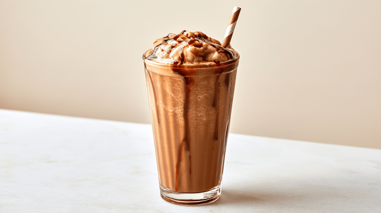 A perfectly blended frozen cold brew coffee slushie in a tall glass, garnished with a straw and a light drizzle of chocolate syrup, on a clean, light-colored kitchen counter.