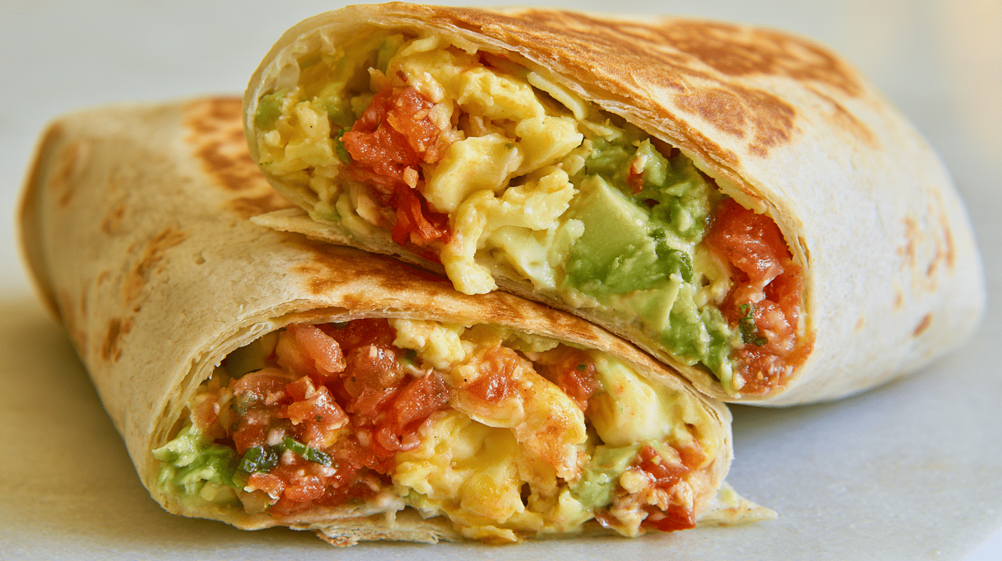 A perfectly cooked cottage cheese egg wrap, cut in half, revealing a vibrant filling of scrambled eggs, avocado, and salsa. The wrap is lightly golden, and the ingredients are fresh and appealing. The background is a clean kitchen counter.