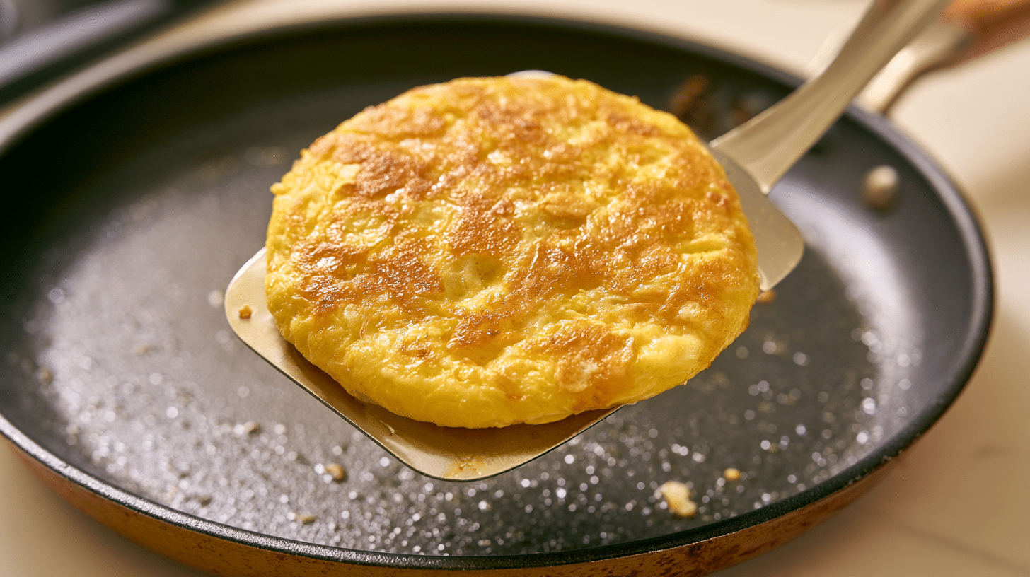 A perfectly cooked frambled egg patty, golden and slightly textured, resting on a spatula above a non-stick pan. The background shows a clean kitchen counter.