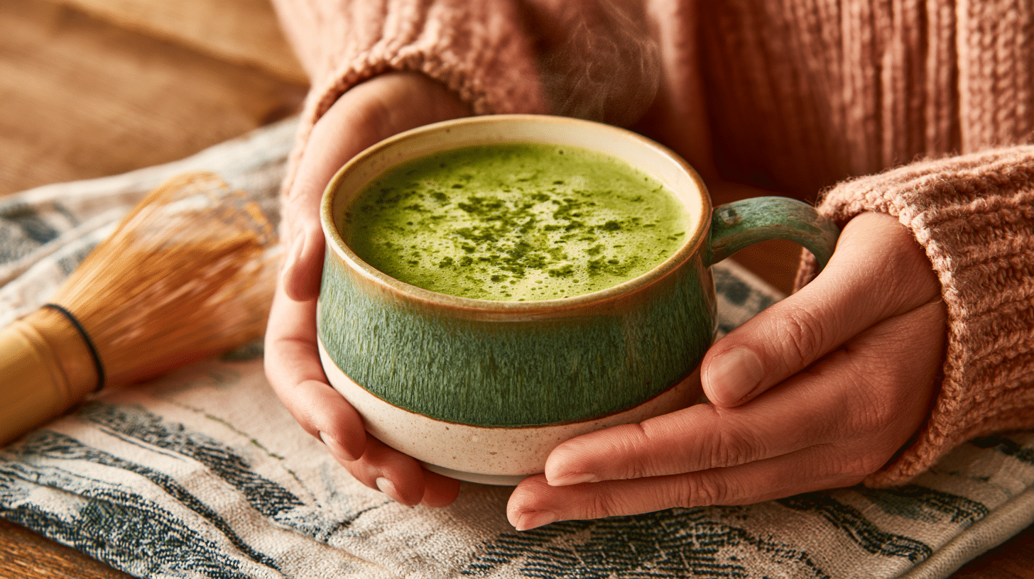 A person’s hands holding a bone broth matcha latte, with a small whisk next to the mug, and steam gently rising.