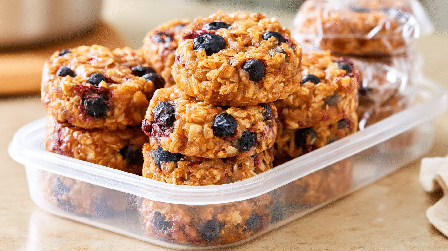 A stack of blueberry oat baked goods in an airtight container on a kitchen counter, with some individually wrapped for freezing.