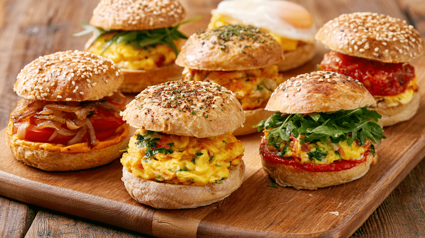 A variety of frambled ovum breakfast sandwiches, each showcasing unique flavor combinations and add-ins like caramelized onions, arugula, and different condiments. The sandwiches are arranged appealingly on a rustic wooden board.