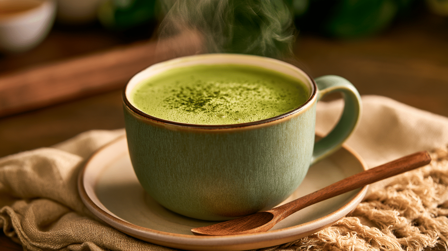 A warm mug of bone broth matcha latte, showing the vibrant green color of matcha and steam rising, with a cozy, healthy ambiance.