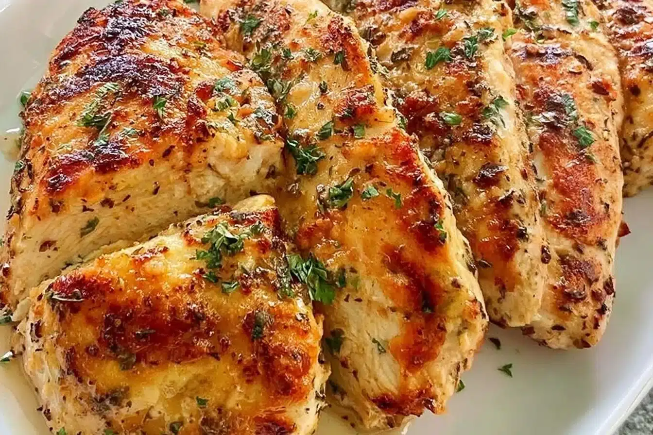 Air fryer chicken breasts served on a plate with herbs and seasoning