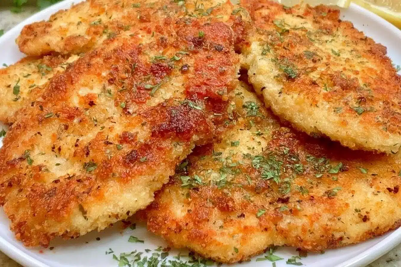 Crispy air fryer chicken cutlets on a plate served with dipping sauce.