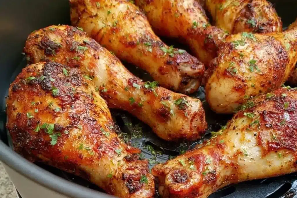 A plate of golden air fryer chicken drumsticks ready to eat in 30 minutes.