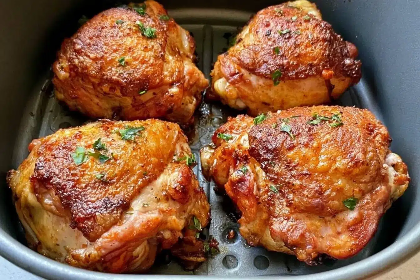 Crispy and juicy air fryer chicken thighs served on a plate.