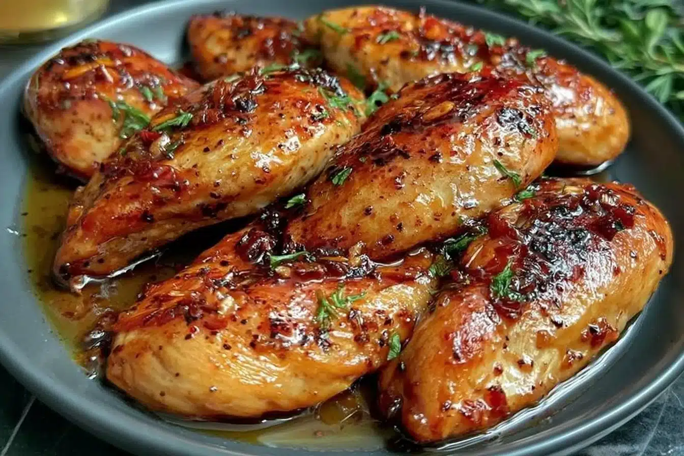 Air Fryer Honey Garlic Chicken Breast served on a plate with garnish