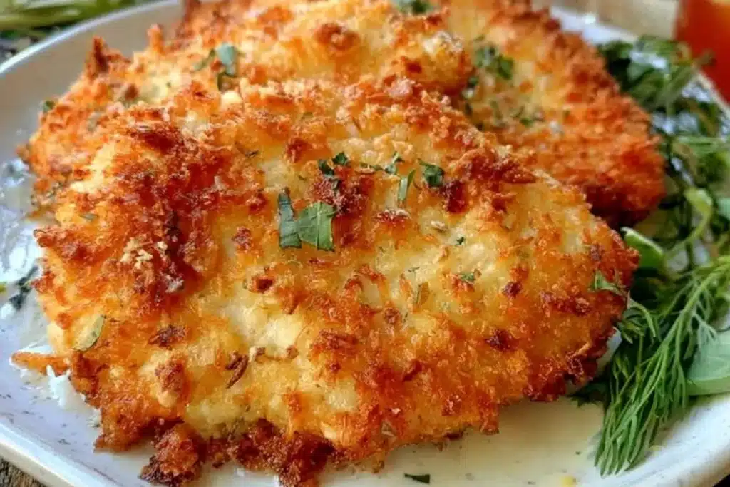 Air Fryer Parmesan Crusted Chicken with Mayo served on a plate