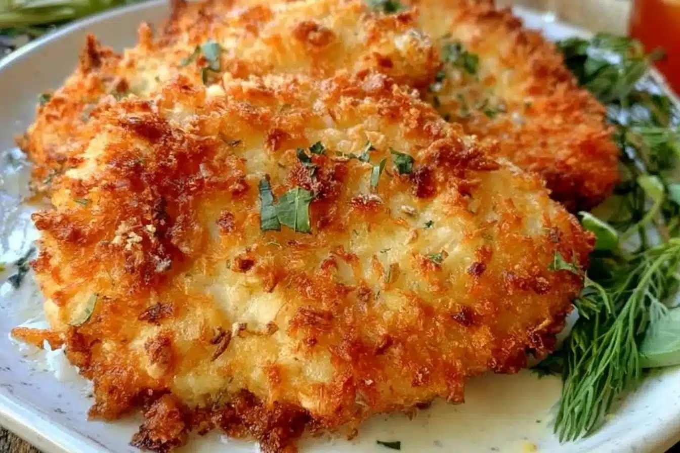 Air Fryer Parmesan Crusted Chicken with Mayo served on a plate